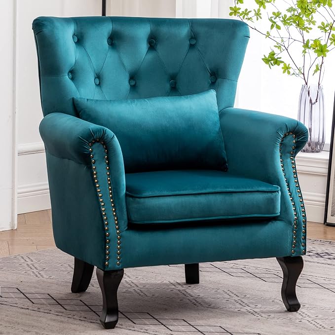 Mid Century Accent Chair Modern Button Tufted Armchair Wingback Club Chair Velvet Single Sofa Lounge Chair with Pillow for Living Room Bedroom, Teal Blue