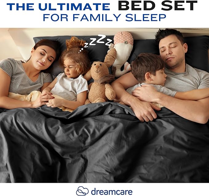 DREAMCARE King Size Sheets Set - Cooling Bed Sheets - 4pcs Set - up to 15" Deep Pocket King Sheet Set – Soft & Long Lasting Cooling - 100% Fine Brushed Polyester with Side Pocket - Black