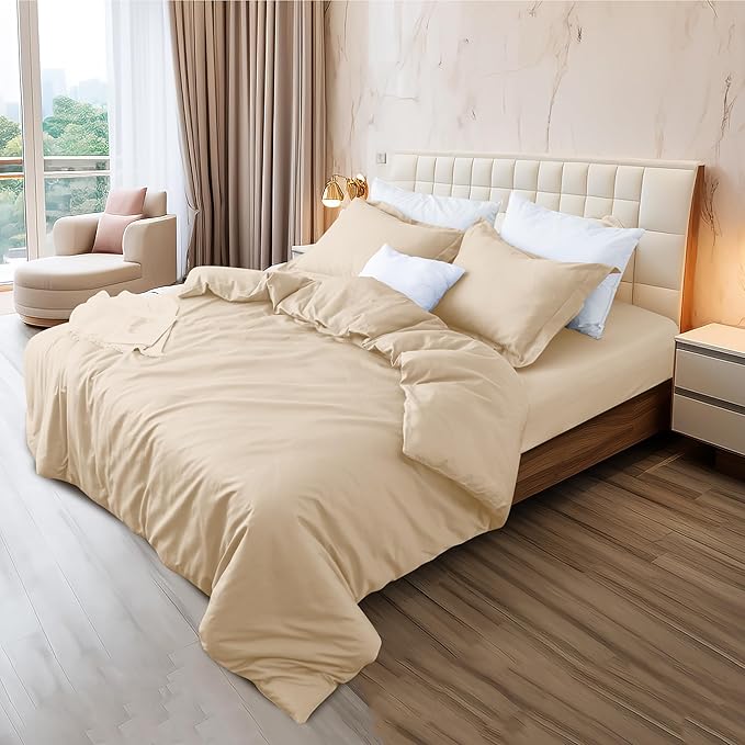 Full Duvet Cover Set 100% Egyptian Cotton, 3Pcs Bedding Set- 1 Duvet Cover(No Insert) with 2 PillowShams, 400 Thread Count Super Soft Comforter Cover with Corner Ties(Full 80x90 Inches, Beige)