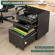 3 Drawer File Cabinet with Lock,Under Desk Rolling Small Filing Cabinet for Home Office Storage,Mobile Steel Cabinets with Wheels,Black,Requires Assembly