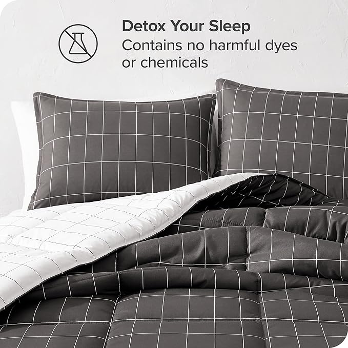 Bare Home Bed-in-A-Bag 7 Piece Comforter & Sheet Set - King - Goose Down Alternative - Ultra-Soft 1800 Premium Bedding Set (King, Grid - Grey/White Comforter Set, White Sheet Set)
