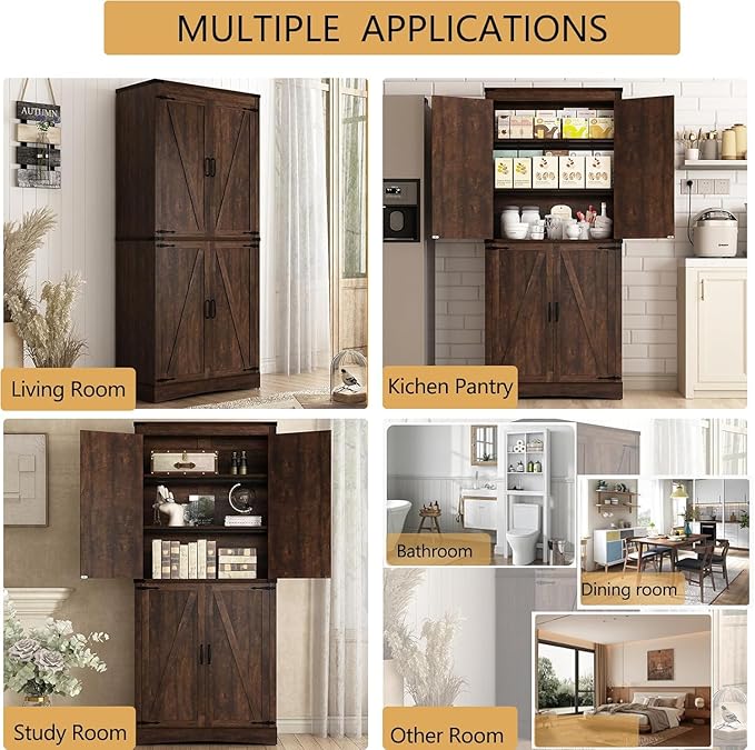 71" Tall Kitchen Pantry,Farmhouse Storage Cabinet with Adjustable Shelves,Load-Bearing Steel Pipe,Farmhouse Pantry Cabinet with 4 Barn Doors, for Kitchen,Dining Room,Living Room(Brown)