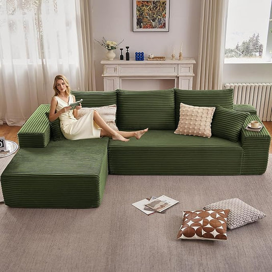 107" Cloud Sectional Couch with L-Shape Chaise, Modern Modular Comfy Sofa with Deep Seat, Upholstered Corduroy Couches Sleeper Chaise Longue for Living Room Bedroom, No Assembly Required, Green