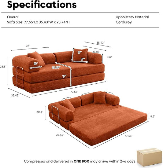Convertible Sleeper Sofa Bed, Corduroy Floor Couch with Fixed-Shape Frame, Comfy Modular Floor Sofa with Pull Out Bed, Loveseat Sleeper Boneless Couch for Living Room, Orange