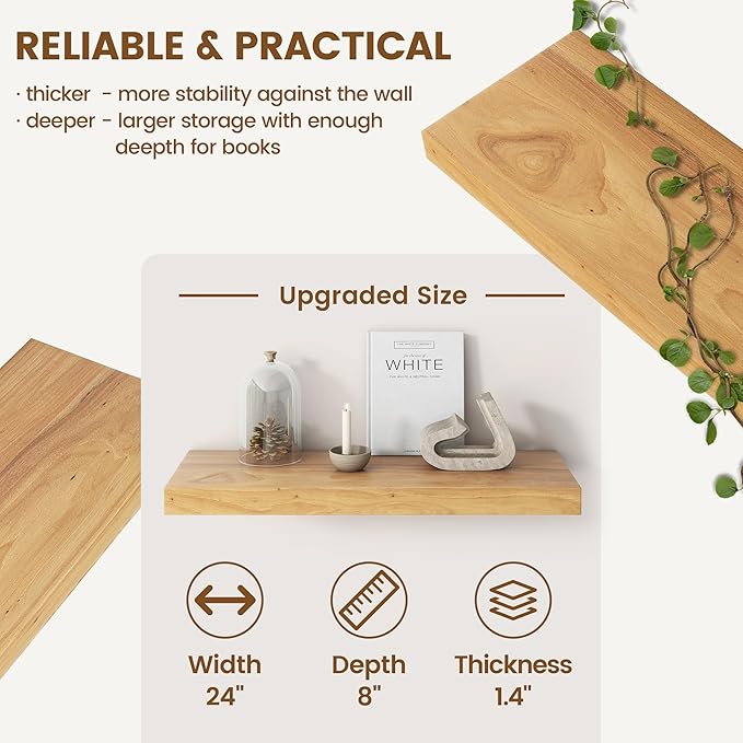 Elm Floating Shelves for Wall Decor, Rustic Solid Wood Shevles Wall Mounted with Invisible Bracket for Living Room Bathroom Bedroom Kitchen, 24 Inch Set of 2, Natural