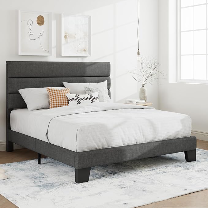 SHA CERLIN Full Platform Bed Frame with Upholstered Fabric Headboard, Mattress Foundation with Strong Wooden Slats Support, No Box Spring Needed, Grey
