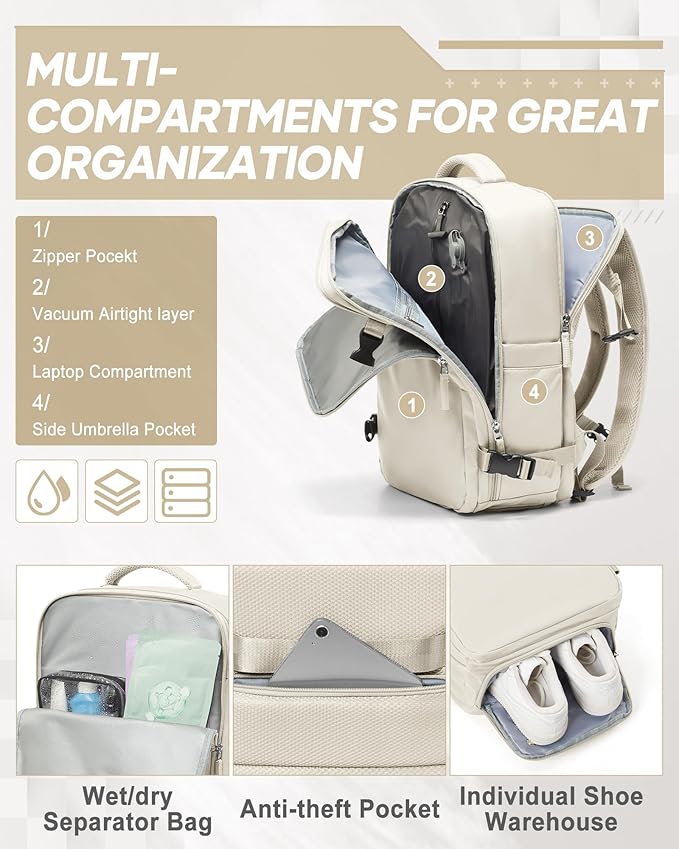 suwasp Vacuum Compression Backpack, 45L Expandable Travel Backpack with Electric Vacpack Pump, Travel Vacuum Bags with Shoe Compartment/17inch Laptop Compartment/USB Port, Beige