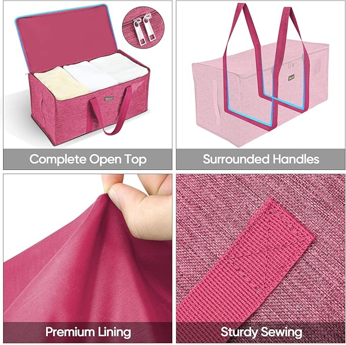 BALEINE Extra Large Storage Tote with Zippers & Carrying Handles, Heavy-Duty Oxford Fabric Moving Bags for Laundry, Space Saving, Storage, 2-Pack, Berry Red