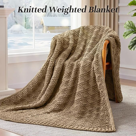 Knitted Weighted Blanket for Adult, Chunky Knit Weighted Throw for Sleep 50"*60" 10lbs, Cooling Breathable Heavy Blanket for Hot Sleepers, Machine Washable Fall Blanket for Room Decor(Beige)