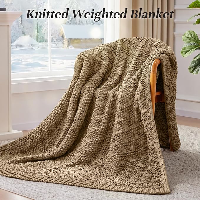 Knitted Weighted Blanket for Adult, Chunky Knit Weighted Throw for Sleep 60"*80" 17lbs, Cooling Breathable Machine Washable Fall Heavy Blanket for Room Decor (Beige, Queen)
