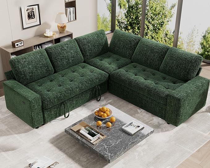 WEUP 5 Seat L Shaped Sectional Sleeper Sofa Bed with Pull Out Bed, Chenille Sectional Sleeper Couch with Adjustable Backrest, USB Ports & Storage Seat, Tool-Free Assembly, Chenille Green