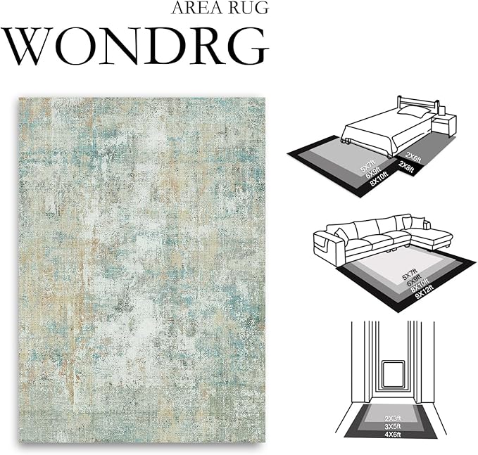 9x12 Area Rug Teal Beige Abstract Living Room Bedroom Washable Carpet Neutral Modern Non-Slip Soft Low Pile Lightweight Vacuumable Large Throw Rug for Dining Room