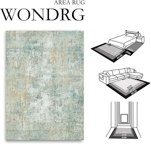 9x12 Area Rug Teal Beige Abstract Living Room Bedroom Washable Carpet Neutral Modern Non-Slip Soft Low Pile Lightweight Vacuumable Large Throw Rug for Dining Room