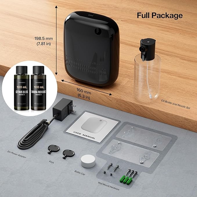 Airversa Smart Waterless Essential Oil Diffuser (400 mL Capacity) Starter Kit with 200mL Fragrance Scent Oils, Up to 2000 sq ft App Control Scent Air Machine with 12V1A Power Adapter, ANW Kit Black
