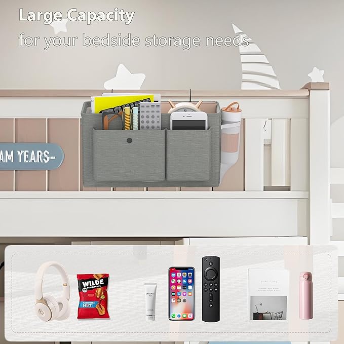 Bedside Caddy Bedside Organizer with Fixed Straps & Water Bottle Holder, Bunk Bed Caddy ideal for Home, Dorm, Hospital, Crib, Versatile Bedside Storage Solution (Grey)