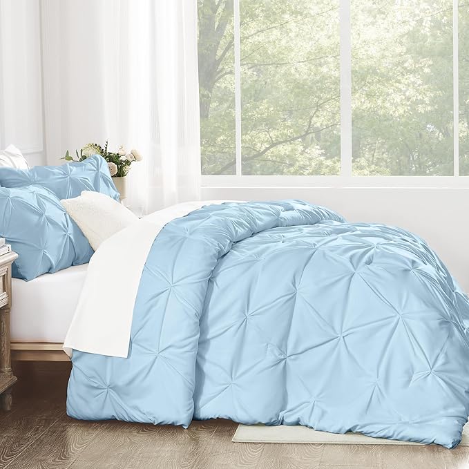 Andency California King Comforter Set Light Blue (104x96Inch), Pinch Pleat Cal King Comforter Set 3 Pieces, Oversized King Pintuck Bed Comforter, Microfiber Down Alternative Comforter Bedding Set