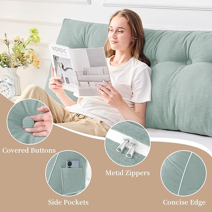 Sasttie Headboard Pillow Twin/Twin XL, Wedge Pillow Headboard for Dorm, Triangular Daybed Backrest Cushion for Sitting or Reading in Bed, with Removable Washable Cover, Mint Green