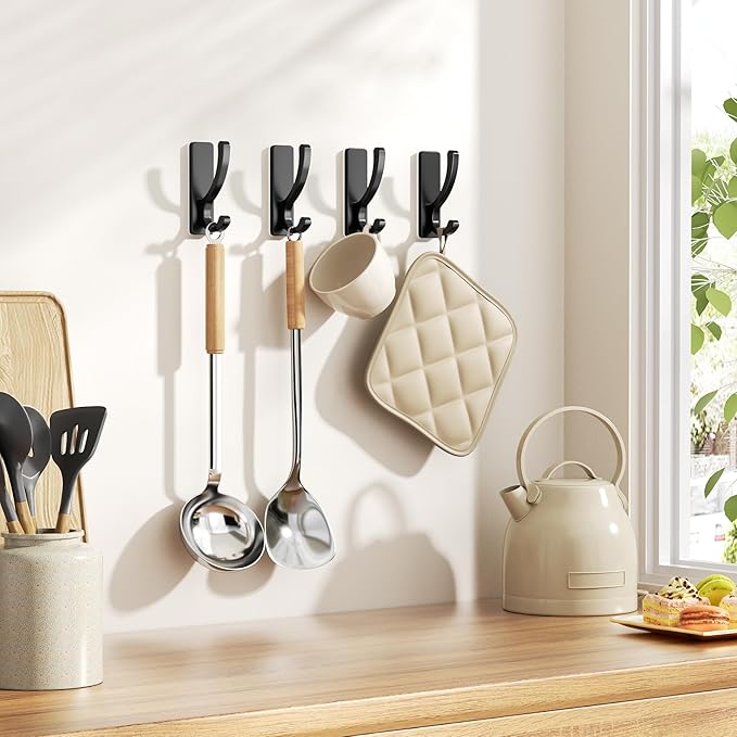 pickpiff Adhesive Wall Hooks for Towels - Sticky Hook Hanging Heavy Duty (13lb), Hanger for Door, Bathroom, Dorm, Closet - for Coats, Purse, Bag, Robe - No Damage to Wall - Black 4 Pack