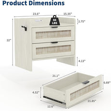 Rattan Nightstand, Bedside Table with Type-C Charging Station - 2 Storage Drawer Space, Boho End Table Side Table for Bedroom Office, Large Night Stand with Charging Port