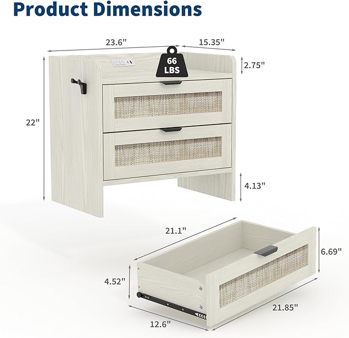 Rattan Nightstand, Bedside Table with Type-C Charging Station - 2 Storage Drawer Space, Boho End Table Side Table for Bedroom Office, Large Night Stand with Charging Port