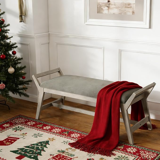 51" End of Bed Bench, Entryway Bench with Solid Wood Frame Fabric Upholstered Ottoman Bench for Bedroom/Entry/Hallway/Living Room, Chenille Grey