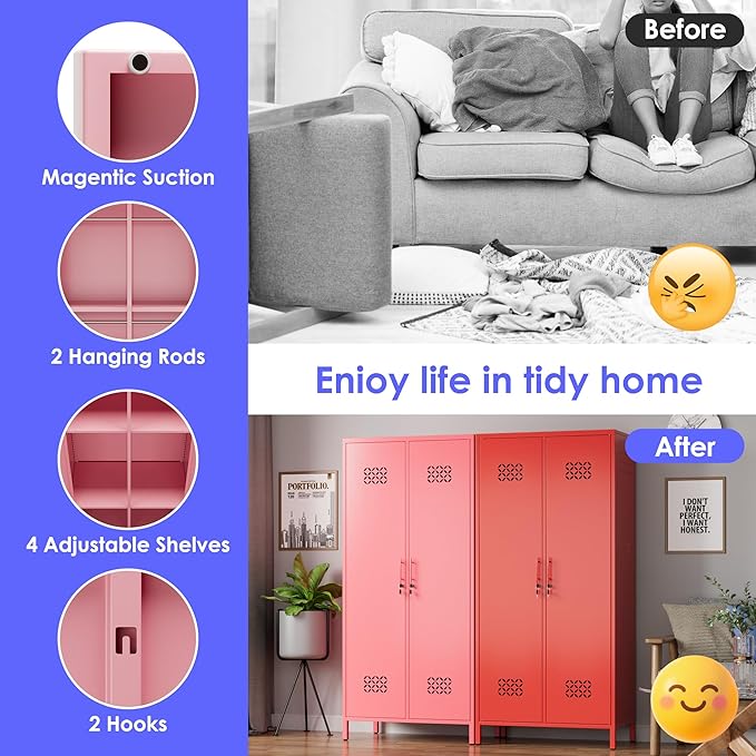 Aobabo Metal Wardrobe Cabinets with Lock, 2 Door Metal Closet with 4 Adjustable Shelves and 2 Hannging Rod, Lockable Locker Cabinet, Storage Locker for Home, Office,Pink, Assembly Required