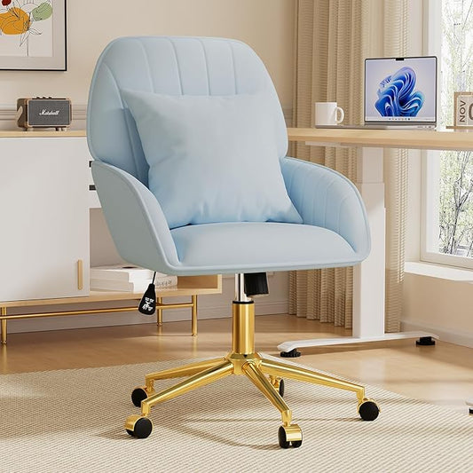 Home Office Desk Chair Comfy with Adjustable Swivel Wheels, Modern Velvet Makeup Vanity Chair with Back & Pillow, Ergonomic Office Chair Computer Task Chair for Living Room, Bedroom, Blue