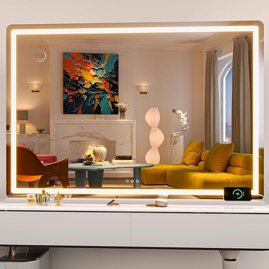 Hasipu Vanity Mirror with Lights, 55.1" x 36" LED Makeup Mirror, Lighted Makeup Mirror with Dimmable 3 Modes, Touch Screen Control Vanity Mirror Round White