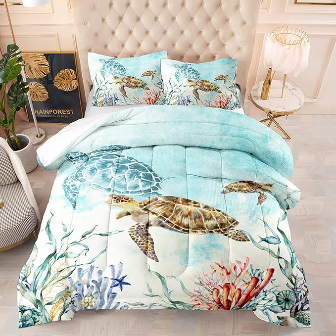 CVHOUSE Ocean Watercolor Sea Turtle Comforter Set, Queen Size, 1 Comforter, 2 Pillowcases, Polyester, for Adult, Teen, Kid, Modern Style, Unisex, Winter, Fall, Spring, Machine Wash