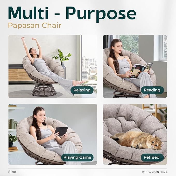Bme 40" Ergonomic Wicker Papasan Chair with Soft Thick Density Fabric Cushion, Bee-Designed Base, High Capacity Steel Frame, 360 Degree Swivel for Living, Bedroom, Reading Room,...