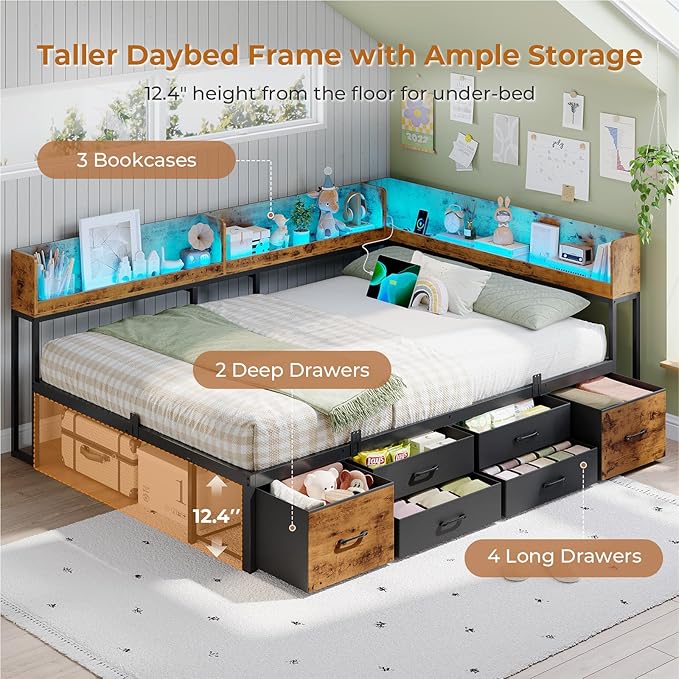 VIAGDO Corner Bed Frame Full with Storage Bookcase and 6 Drawers, Metal Platform Corner Bed Frame with LED Lights and Charging Station, Full Daybed for Kids Teenagers, Rustic Brown & Black