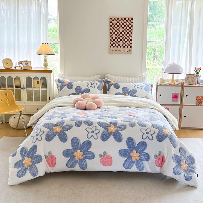 Blue Floral Fleece Fluffy Comforter Set - 3 Piece Twin Size Thick Comforters for Her Girls,Plush Cozy Warm,Soft Microfiber Bedding Bedroom Decor for Winter All Season (1 Comforter + 2 Pillow Shams)
