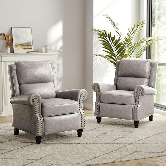 Faux Leather Recliner Chair, Modern Pushback Armchair with Adjustable Backrest & Footrest for Bedroom, Living Room-Grey, Set of 2
