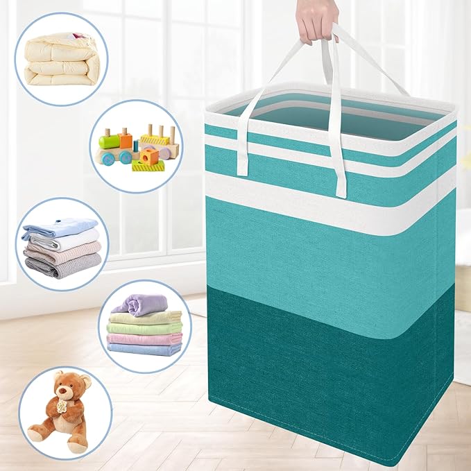 BlissTotes 3-Pack Laundry Basket, Freestanding＆Waterproof Laundry Hamper, Collapsible Tall Clothes Hamper with Easy Carry Handles for Clothes, Towels in the Family and Dorm,Gradient Green,75L