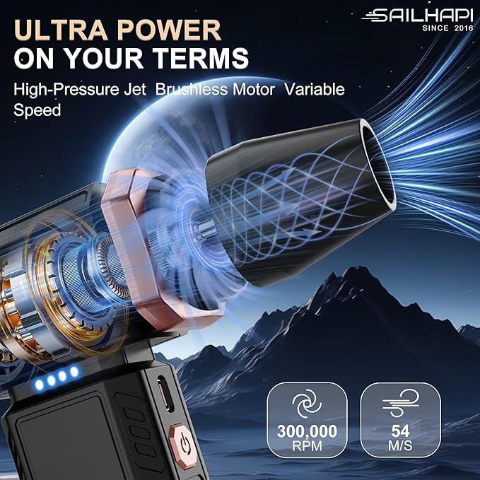 Electric Air Duster, 300000RPM High-Speed Cordless Blower Fan with Adjustable Speed & Brushless Motor, Portable Mini Blower for Keyboard, Car Detailing, PC Cleaning, Replaces Compressed Air