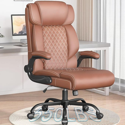 Office Chair, Ergonomic Big and Tall Executive Desk Chair, Breathable Leather Chair with Adjustable Flip-up Armrests, Lumbar Support Swivel Computer Chair with Rocking Function (Brown)
