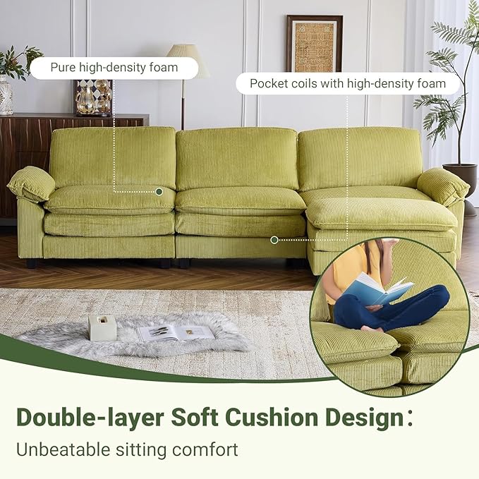 VINGLI 121" L Shape Sectional Couch, Convertible Sectional Couch for Living Room & Apartment,Modern 3-Seat Convertible Modular Sofa with 1 Ottoman，Corduroy,Olive Green