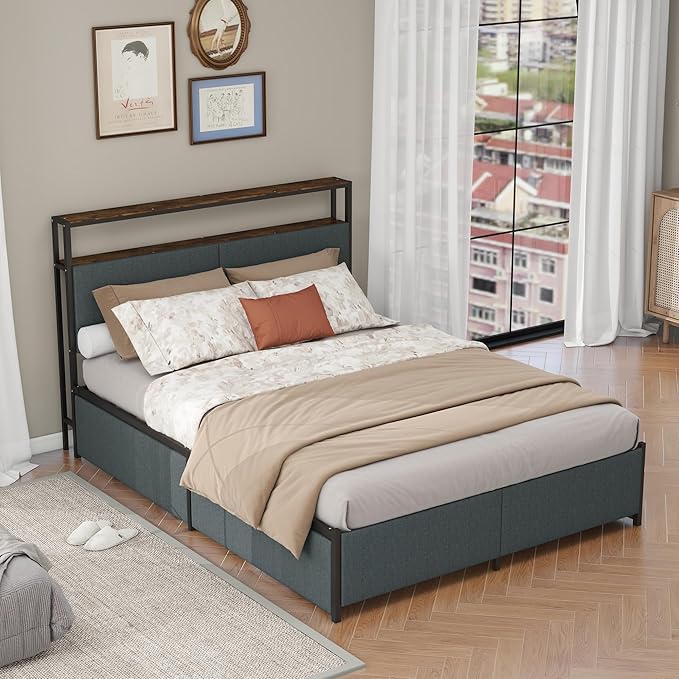 Panana 14 Inch Queen Size Bed Frame,Industrial Metal Platform Bed Frame with 2 Tier Storage Wooden Headboard and Footboard,4 Storage Drawers,No Box Spring Needed,Black&Grey
