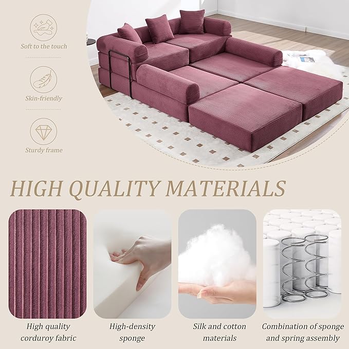 106" Oversized Convertible Sleeper Sofa Bed, Corduroy L Shape Sectional Couch, Folding Sofa Bed with Side Pocket, Modern Cloud Floor Mattress Couch, Modular Sofa for Living Room, Wine Red
