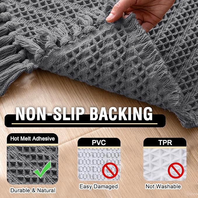 H.VERSAILTEX Waffle Bath Mat Super Absorbent Boho Bath Mat Non Slip Bath Rugs for Bathroom Floor Machine Washable Dry Fast Bathroom Rugs with Tassels (47 x 17 Plus 17 x 24 Inches, Gray)