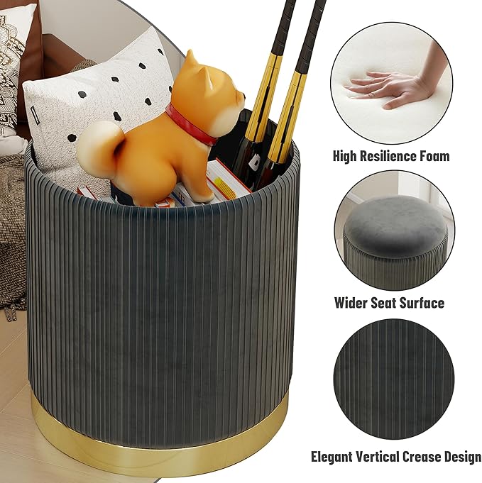 Twira Round Ottoman with Storage Set of 2, Velvet Nesting Ottoman for Living Room,Bedroom,Dorm,RV, Flip-up Lid Coffee Table, Upholstered Makeup Vanity Stool,Multifunctional Foot Rest 330lbs Load Grey