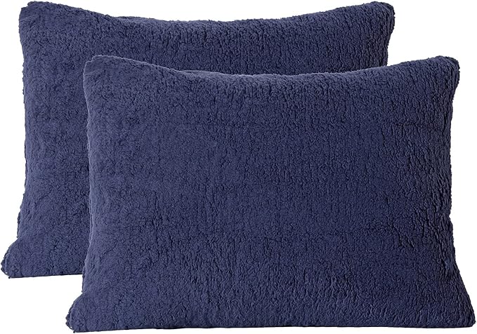 Reafort Ultra Soft Sherpa Pillowcases Pillow Covers Standard Size 20"x26" Pack of 2 with Zipper Closure (Navy, 20”x26” Standard Sham)