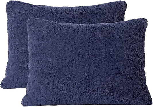 Reafort Ultra Soft Sherpa Pillowcases Pillow Covers Standard Size 20"x26" Pack of 2 with Zipper Closure (Navy, 20”x26” Standard Sham)