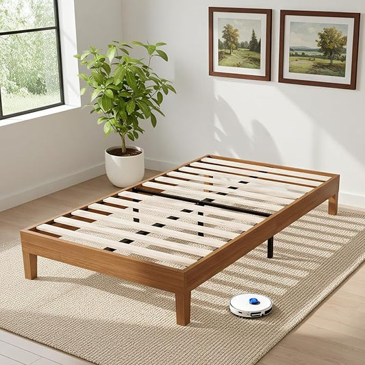 Sweetcrispy Solid Wood Bed Frame, Twin Size Bed Base with Wood Slat Support, Sturdy, Stylish & Noise-Free Design, No Box Spring Needed, Easy Assembly, Dark Brown
