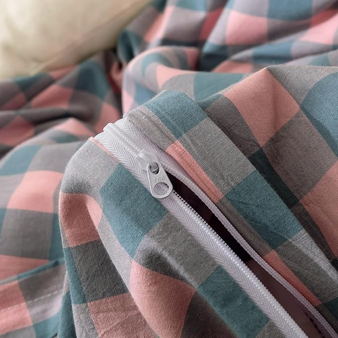 VM VOUGEMARKET Purple Pink Plaid Bedding Set Queen 3 Pieces Pink Blue Grid Duvet Cover with Zipper Ties 2 Pillowcases 100% Washed Cotton Luxury Soft Breathable Durable