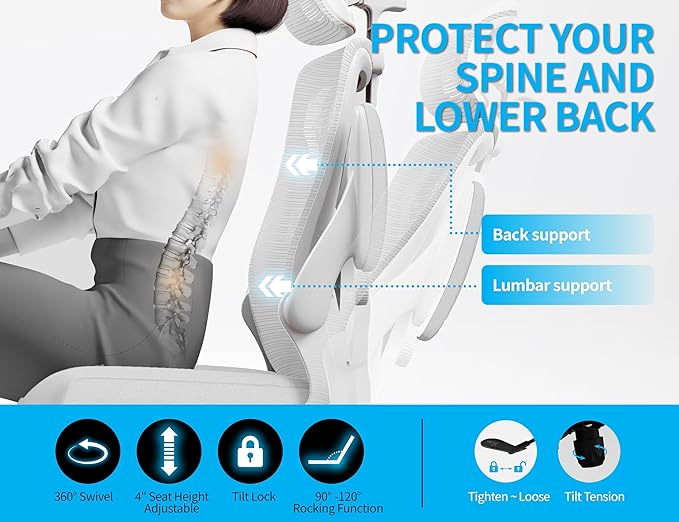 White Ergonomic Office Chair: Mesh Desk Chair Comfy with Adjustable Lumbar Support 400lbs High Back Computer Gaming Chair - Big and Tall Office Chairs with Extra Wide Seat-Adults Home Office