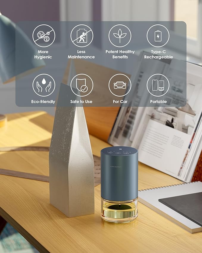 Airversa Essential Oil Diffuser Waterless Aromatherapy Diffusers for Home Large Room, Bedroom, Car, Office, Desk, Battery Operated, Small Diffuser for Pure Scent, 100mL Capacity, AN9 (Gray)