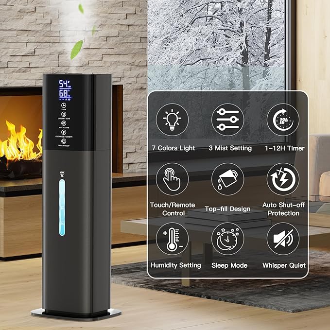 Humidifiers Large Room Bedroom with 7 Colors Light, 2.1Gal(8L) 3 Speed Quiet Ultrasonic Cool Mist Humidifier with 360° Nozzle, Humidity Setting, Timer,Aroma Box for Home Plant Baby Yoga Sleep (Gray)