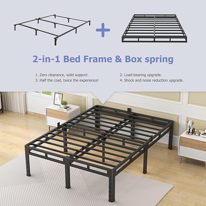 NKZ 22 Inch King Size Bed Frame, Metal Bed Frame & Box Spring 2 in 1 Platform with Round Corner Legs, 4000Lbs Heavy Duty Metal Frame, Mattress Slide Stopper, Headboard Hole, Noise-Free, Easy Assembly