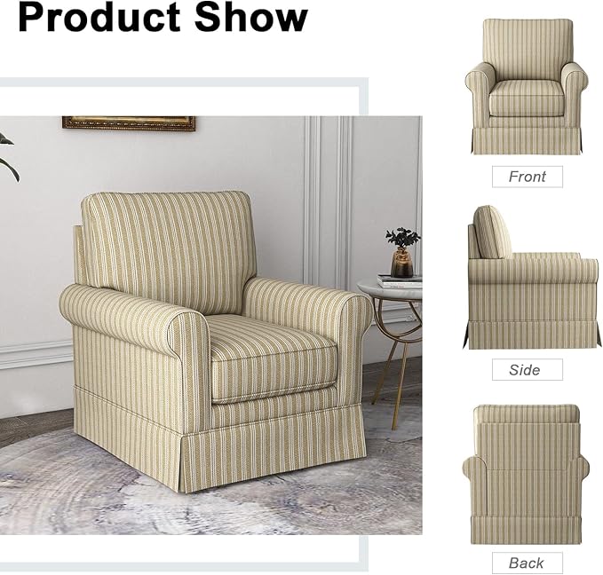 INZOY Swivel Accent Chair Linen Mid Century Modern Chair, Comfy Swivel Barrel Reading Chair, Upholstered Square Chair for Living Room Bedroom Small Spaces, Fully Assembled, Brown Stripe